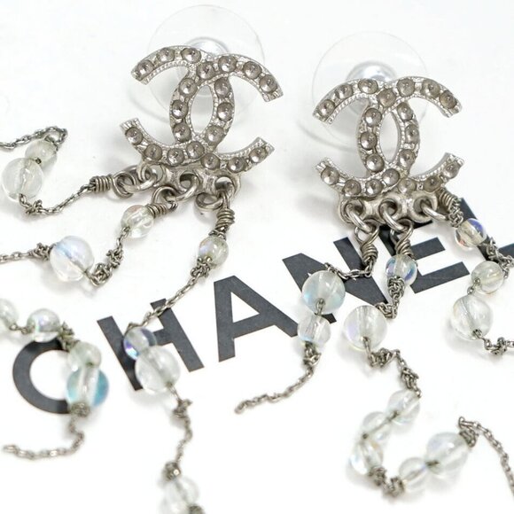 CHANEL CC Logos Clear Stone Aurora Fringe Stud Earrings Silver Tone A18S Auth - Picture 1 of 8